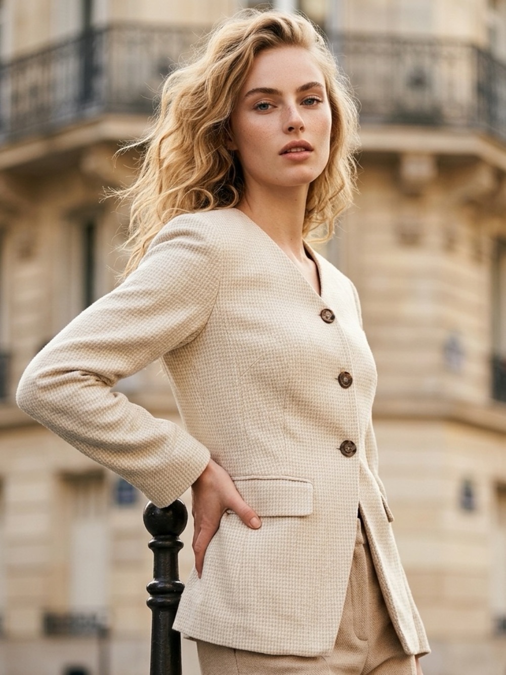 Bagatelle Collection XS Beige Houndstooth Hourglass Blazer Adjustable Waist